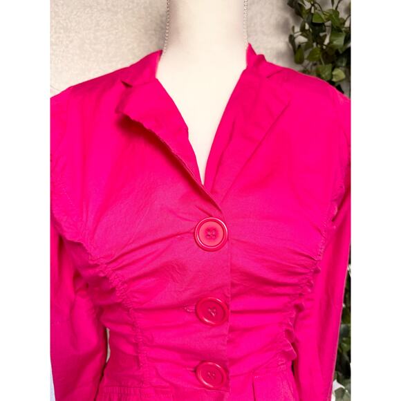 Vintage Vixen Hot Pink Cotton 3/4 Sleeves Shoulder Pads Cropped Blazer Blouse - Picture 5 of 13